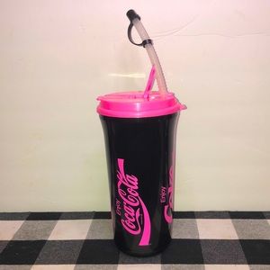 Vintage 90s Whirley Coca Cola neon pink and black tumbler with straw 46oz.